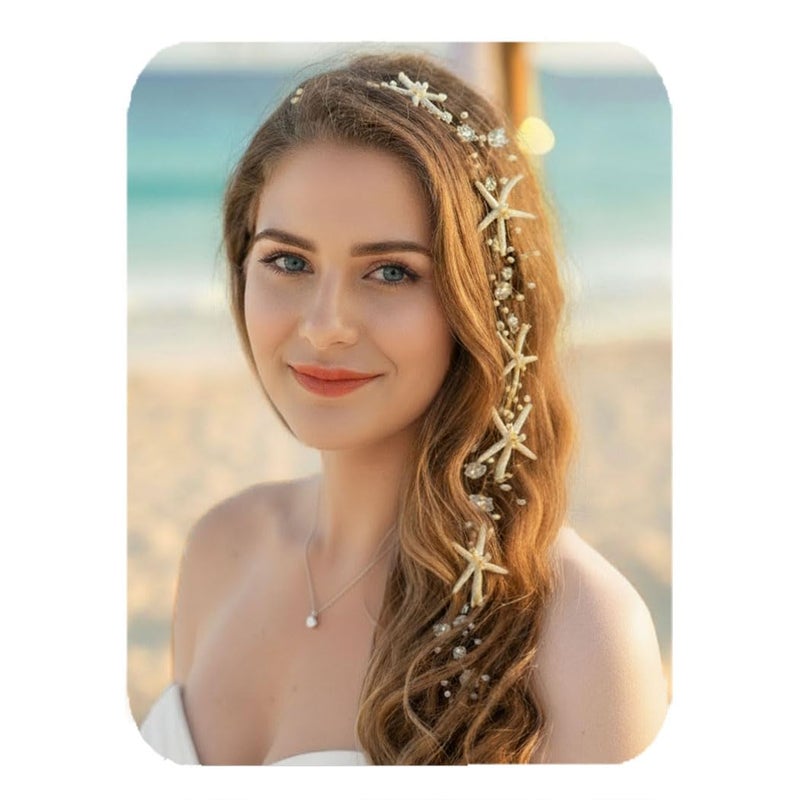 Unicra Starfish Bride Wedding Hair Vine Pearl Bridal Headband Headpiece Beach Wedding Hair Accessories for Women and Girls (Gold) - Image 1